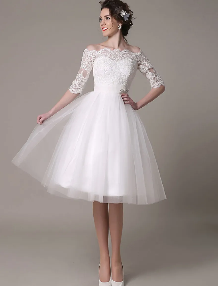 Robe mariée vintage col bateau demi-manche en dentelle jupe en tulle courte au dessus de genou Robe de mariage