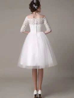 Robe mariée vintage col bateau demi-manche en dentelle jupe en tulle courte au dessus de genou Robe de mariage