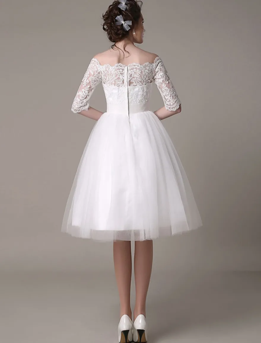 Robe mariée vintage col bateau demi-manche en dentelle jupe en tulle courte au dessus de genou Robe de mariage