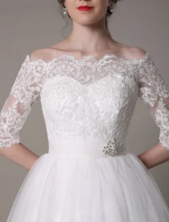 Robe mariée vintage col bateau demi-manche en dentelle jupe en tulle courte au dessus de genou Robe de mariage