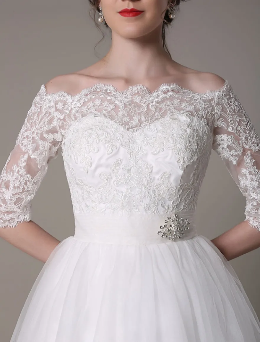 Robe mariée vintage col bateau demi-manche en dentelle jupe en tulle courte au dessus de genou Robe de mariage