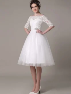 Robe mariée vintage col bateau demi-manche en dentelle jupe en tulle courte au dessus de genou Robe de mariage
