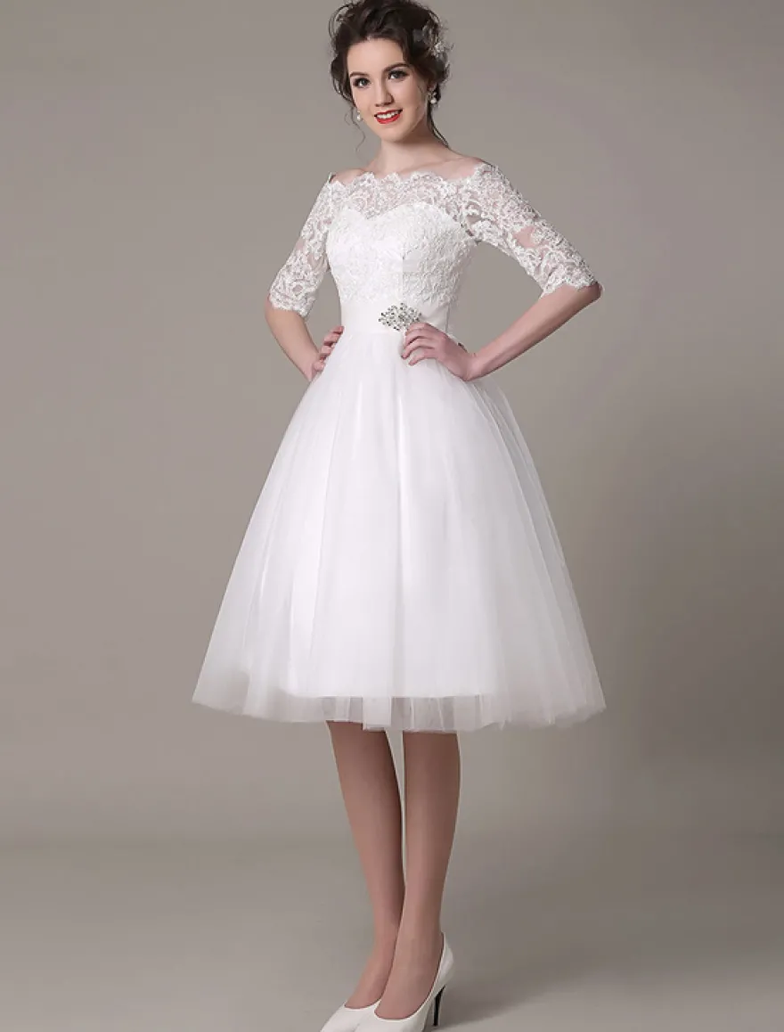 Robe mariée vintage col bateau demi-manche en dentelle jupe en tulle courte au dessus de genou Robe de mariage