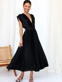 Robe Maxi Col V Sans Manches Décontractée Robe Longue Plissée