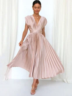 Robe Maxi Col V Sans Manches Décontractée Robe Longue Plissée