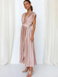 Robe Maxi Col V Sans Manches Décontractée Robe Longue Plissée