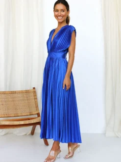 Robe Maxi Col V Sans Manches Décontractée Robe Longue Plissée