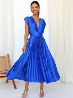 Robe Maxi Col V Sans Manches Décontractée Robe Longue Plissée