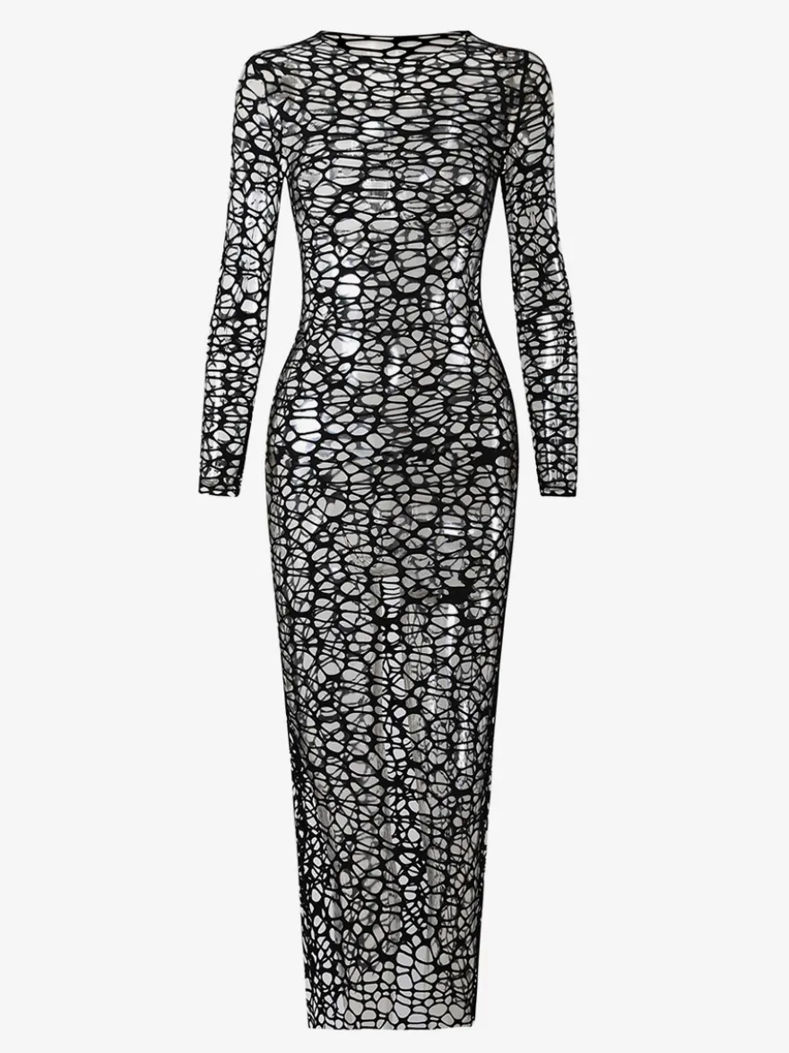 Robe midi de plage à manches longues en résille avec ensemble bikini dos nu assorti