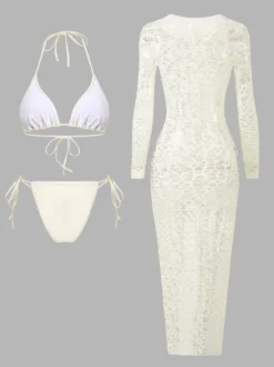 Robe midi de plage à manches longues en résille avec ensemble bikini dos nu assorti