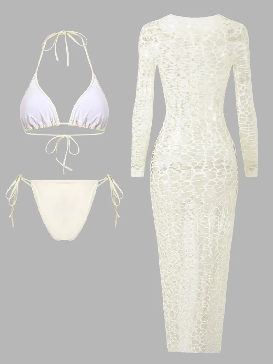 Robe midi de plage à manches longues en résille avec ensemble bikini dos nu assorti