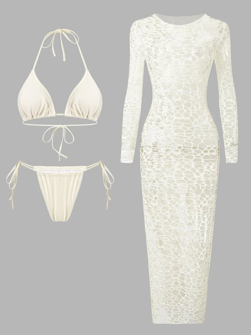 Robe midi de plage à manches longues en résille avec ensemble bikini dos nu assorti