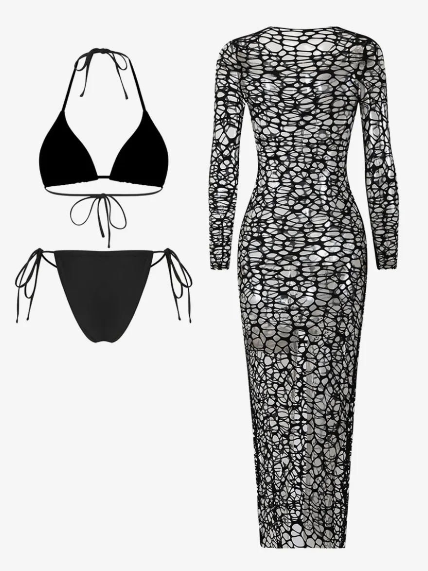 Robe midi de plage à manches longues en résille avec ensemble bikini dos nu assorti