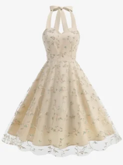 Robe midi fleurie vintage années 1950 pour femme - Robe d'été trapèze en maille brodée à col halter - Idéale pour un mariage printanier au jardin (2026)