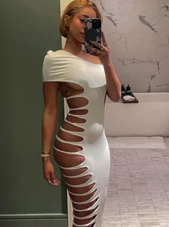 Robe midi moulante asymétrique à découpe sur le côté robe de soirée sexy