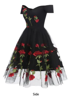 Robe midi trapèze vintage brodée de roses pour femme - Style années 50 épaules dénudées - Idéale pour un goûter d'été 2026