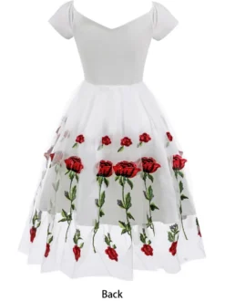 Robe midi trapèze vintage brodée de roses pour femme - Style années 50 épaules dénudées - Idéale pour un goûter d'été 2026