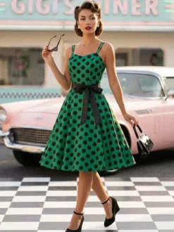 Robe midi trapèze vintage à pois pour femme - Robe d'été rockabilly trapèze ceinturée années 50 - Idéale pour les fêtes d'été 2026