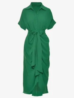Robe Mi-longue Chemise Col Rabattu Plissé Manches Courtes Décontractée
