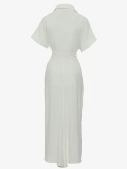 Robe Mi-longue Chemise Col Rabattu Plissé Manches Courtes Décontractée