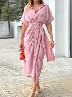 Robe Mi-longue Chemise Col Rabattu Plissé Manches Courtes Décontractée