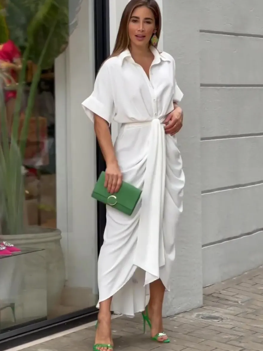Robe Mi-longue Chemise Col Rabattu Plissé Manches Courtes Décontractée