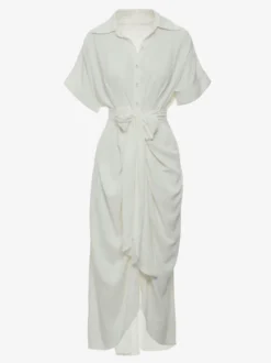 Robe Mi-longue Chemise Col Rabattu Plissé Manches Courtes Décontractée