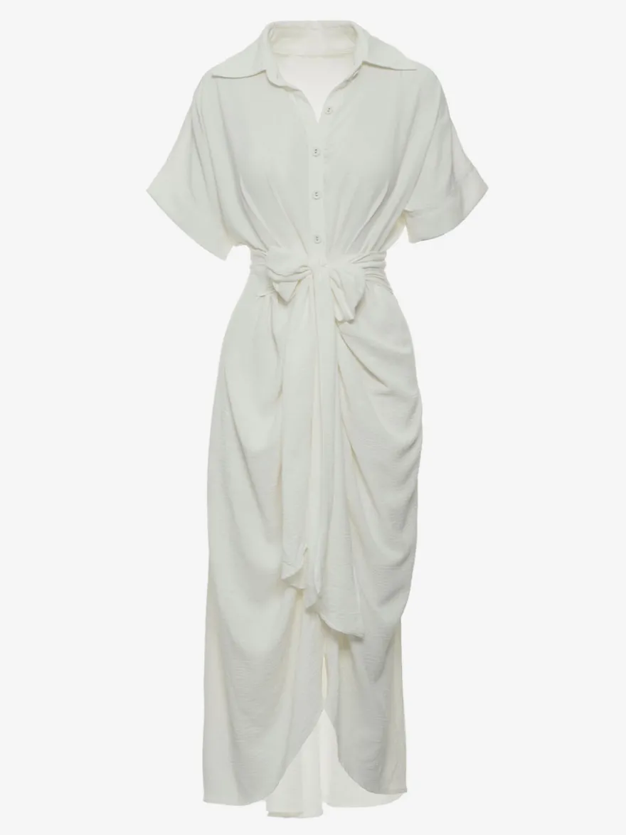 Robe Mi-longue Chemise Col Rabattu Plissé Manches Courtes Décontractée