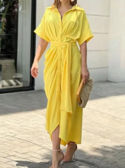 Robe Mi-longue Chemise Col Rabattu Plissé Manches Courtes Décontractée
