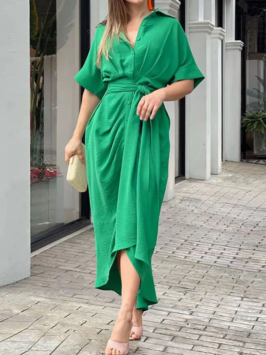 Robe Mi-longue Chemise Col Rabattu Plissé Manches Courtes Décontractée