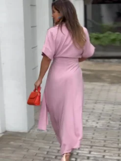 Robe Mi-longue Chemise Col Rabattu Plissé Manches Courtes Décontractée