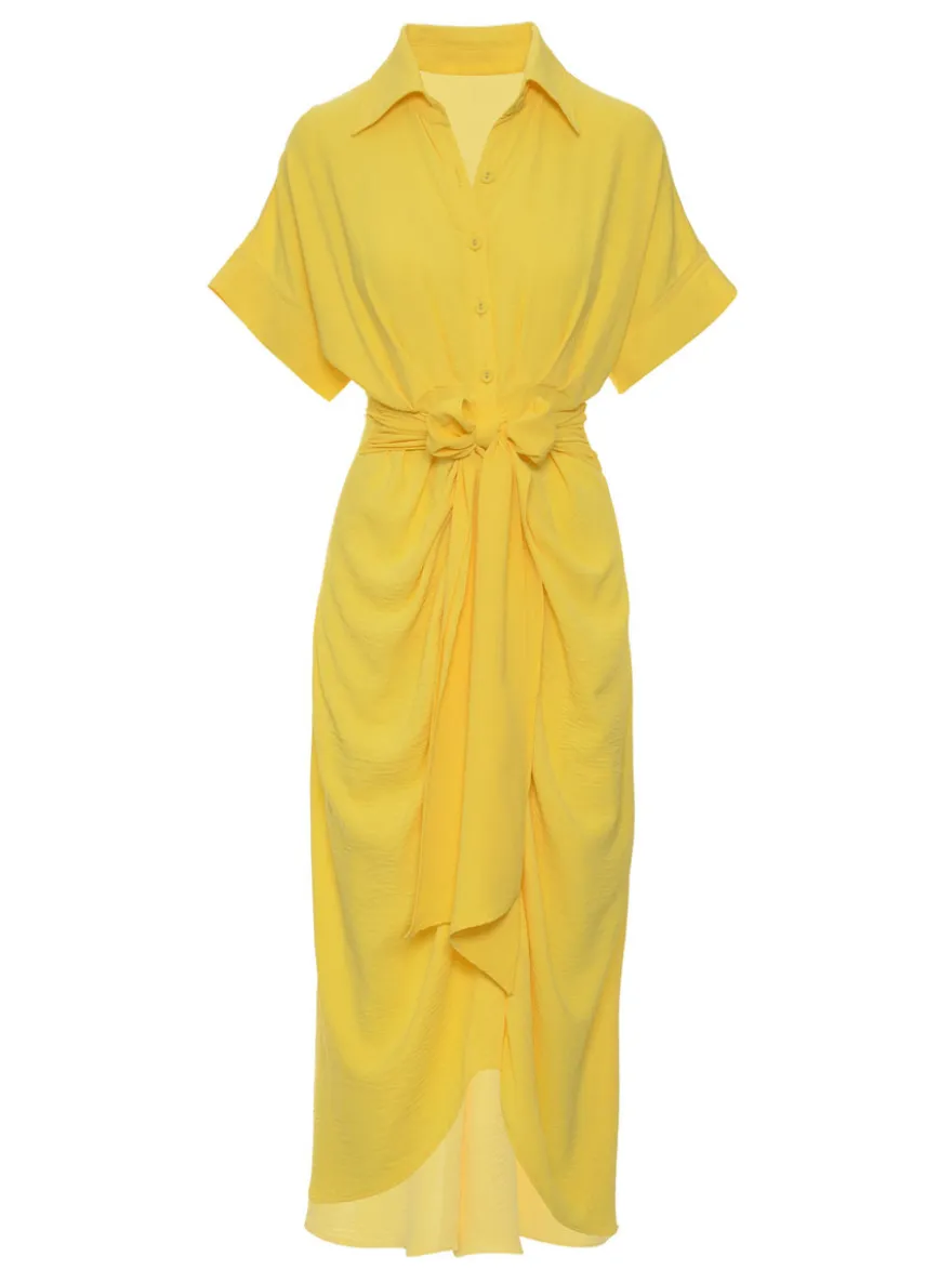 Robe Mi-longue Chemise Col Rabattu Plissé Manches Courtes Décontractée
