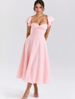 Robe mi-longue en jacquard floral rose pâle avec manches papillon coupe trapèze pour femme 2026