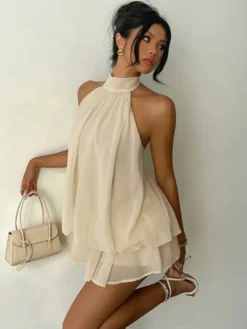 Robe mini dos nu à volants pour femme - Élégante robe patineuse en mousseline plissée dos nu et coupe ample - Vacances d'été à la plage 2026
