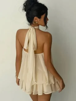 Robe mini dos nu à volants pour femme - Élégante robe patineuse en mousseline plissée dos nu et coupe ample - Vacances d'été à la plage 2026