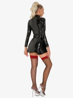 Robe mini en cuir verni brillant à manches longues pour femme fente latérale et cornes de diable costume d'Halloween cosplay ou club.