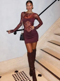 Robe mini en dentelle transparente froncée pour femme - Robe moulante sexy à dos nu et découpes - Soirée d'été en boîte de nuit 2026