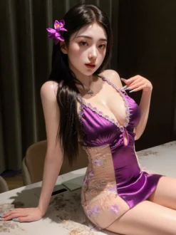 Robe mini moulante dos nu en satin violet ornée de strass et décolleté plongeant avec longs gants et lingerie de soirée.