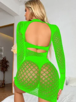 Robe mini résille à manches longues col montant dos nu robe moulante en maille transparente tenue de soirée