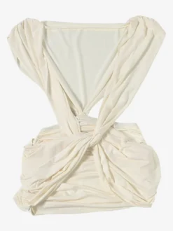 Robe mini sans manches à décolleté plongeant en V et découpe torsadée nœud dans le dos froncée couleur abricot et bleu clair. Robe moulante de soirée pour femme.