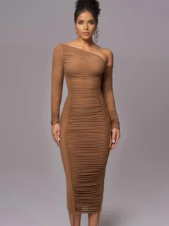 Robe moulante abricot bicolore manches longues plissée chic robe midi à une épaule robe fourreau