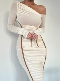 Robe moulante abricot bicolore manches longues plissée chic robe midi à une épaule robe fourreau