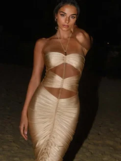 Robe moulante dos nu sexy à découpes pour femme tenue de club mi-longue 2026