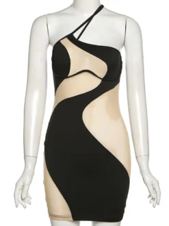 Robe Moulante Noire Sans Manches Chic À Une Épaule Robe Fourreau Transparente
