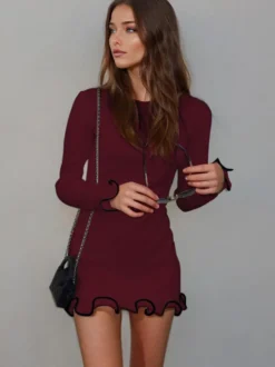 Robe Moulante Rose Élégante À Manches Longues Plissée Femme Volante