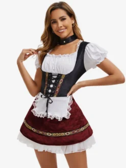 Robe Oktoberfest bordeaux foncé costume 3 pièces robe Dirndl pour femme mini-costume
