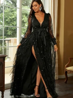 Robe Preals plongeante à manches illusion et fente haute robes longues de bal