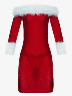 Robe Rouge De Noël Pour Femme Costumes Col Bateau Fausse Fourrure Sexy