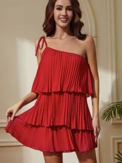 Robe rouge mini à volants sans manches et dos nu pour femme Daily Dresses