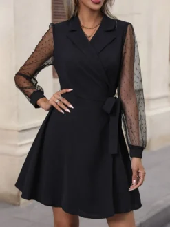Robes Blazer Col En V Ceinture Manches Longues Transparentes Élégants Femmes